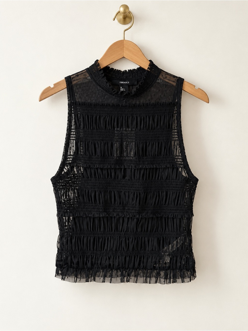 Forever 21 Black Sheer Mesh Ruffle High Neck Sleeveless Top Size S